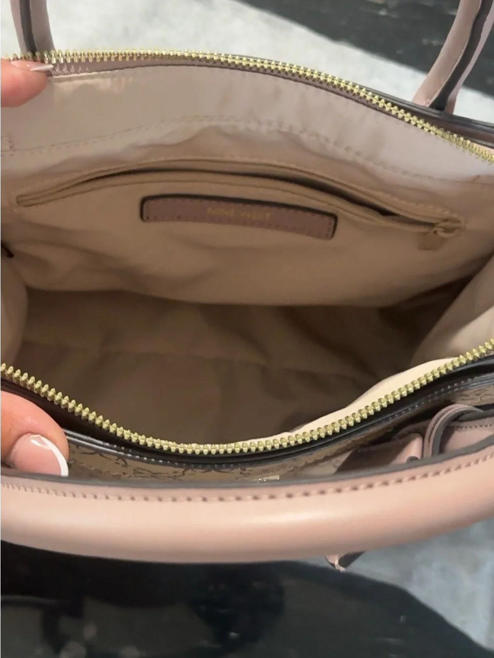 Nine West Taupe Satchel with Lilac Handles